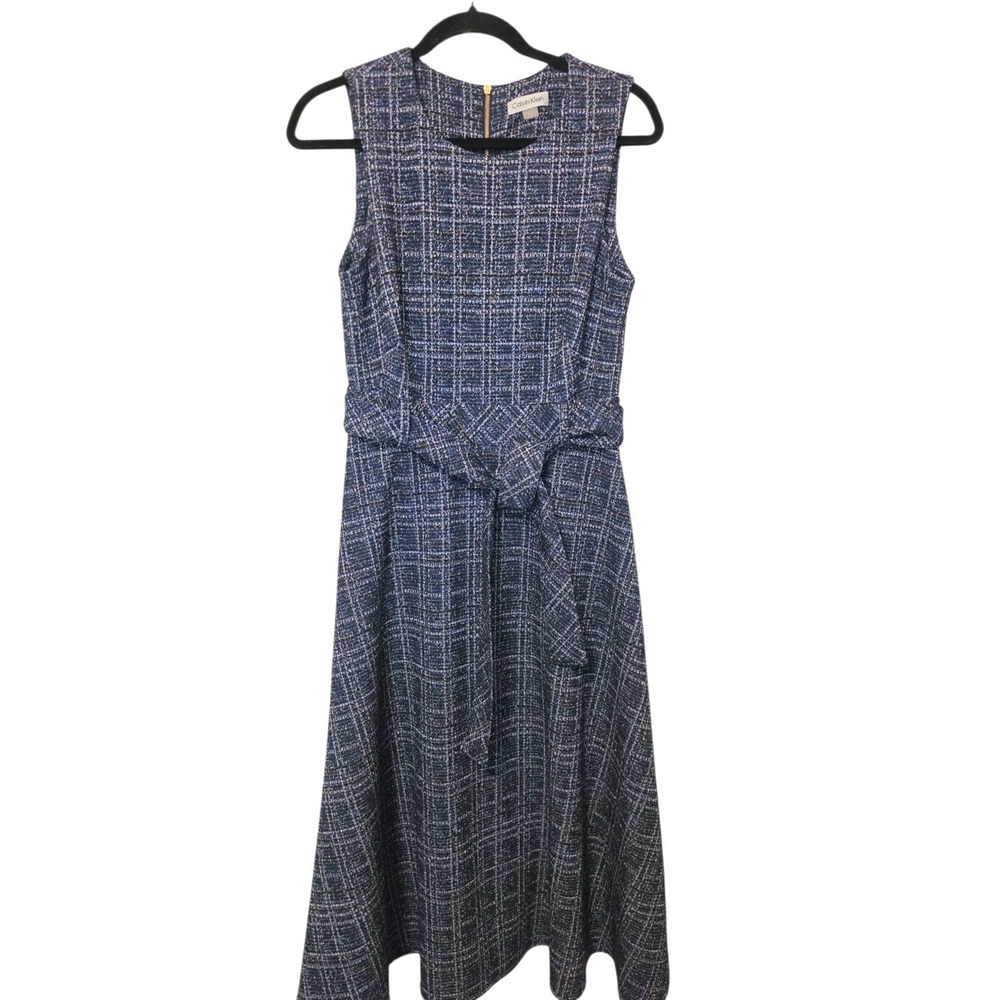 Calvin Klein Plus Blue Tweed Boucle Fit Flare Midi Dress Size 8 Belted Career